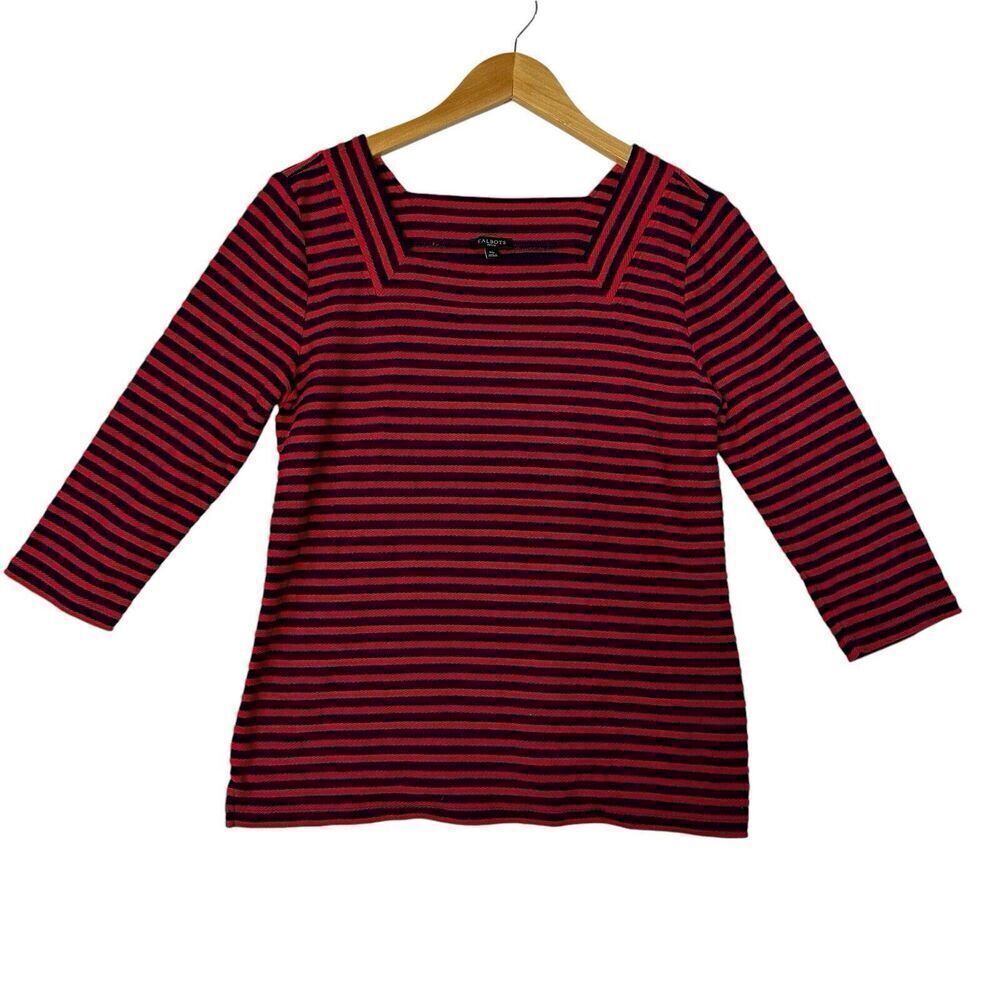 Talbots Women’s Square Neck Sz M Petite Top Navy Blue Red Nautical